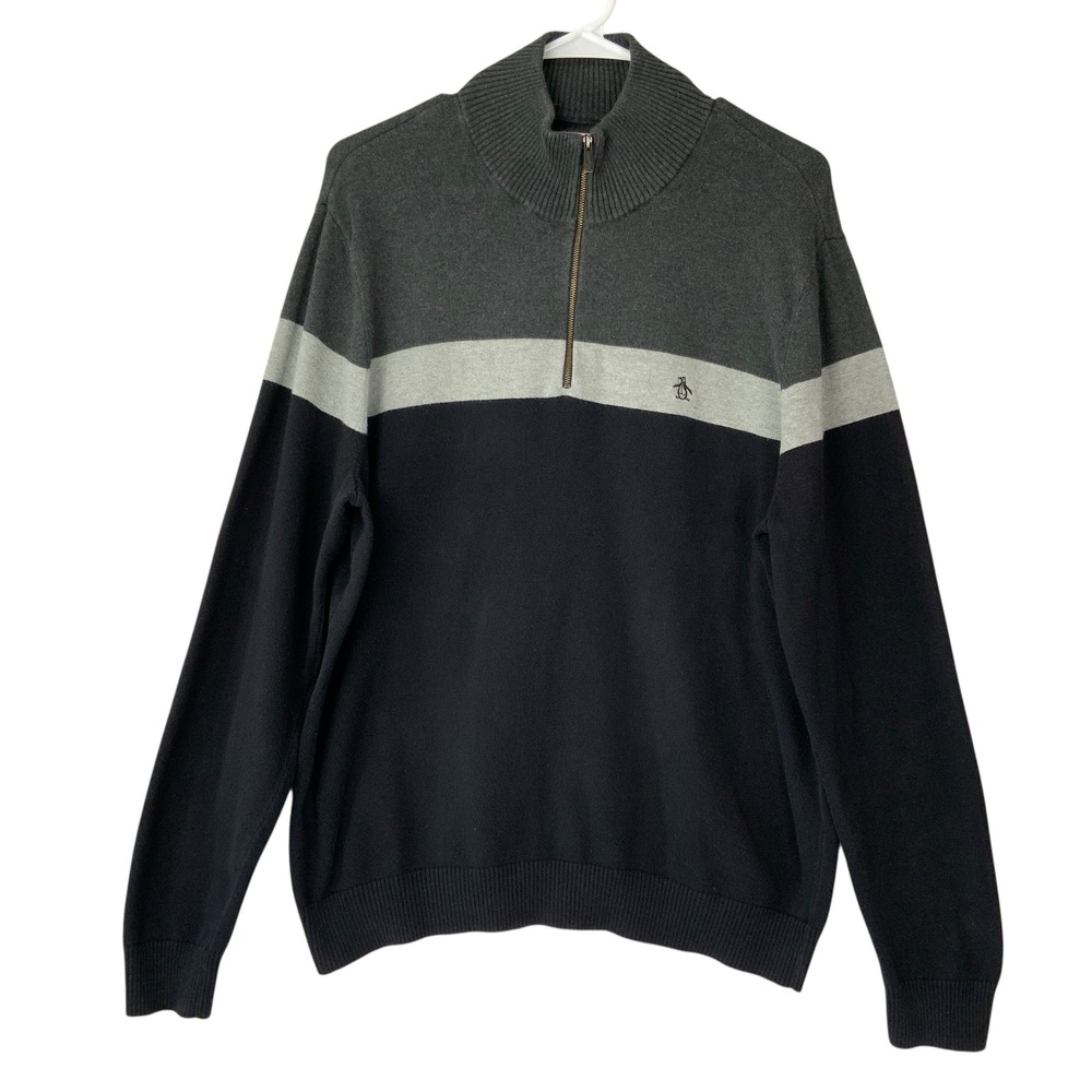 Original Penguin Gray Colorblock Sweater XL Quarter Zip Mock Neck Long Sleeve
